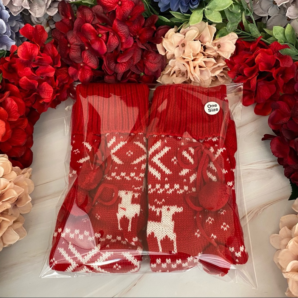 Sexy Over the Knee Red Knit Reindeer Snowflake Socks with Pom Poms - Picture 14 of 15